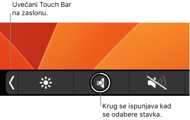 Zumirani Touch Bar duž dna zaslona; krug preko tipke ispunjava se kad je tipka odabrana.