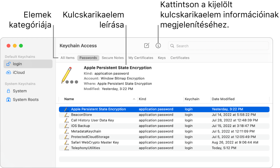 A Kulcskarika-elérés ablaka a kulcskarikákkal az oldalsávon. A leírás jobb oldalán a kiválasztott bejelentkezési kulcskarika jelszava látható.