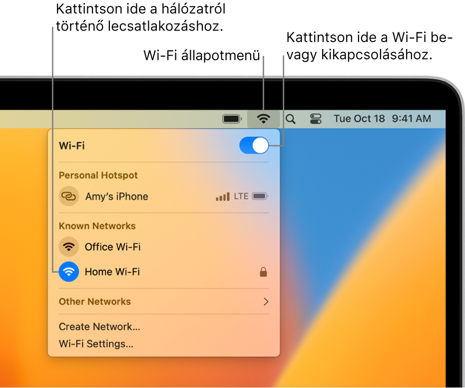 A Wi-Fi állapotmenü, amelyen a Wi-Fi be/ki gomb, egy Személyes hotspot és ismert hálózatok láthatók.
