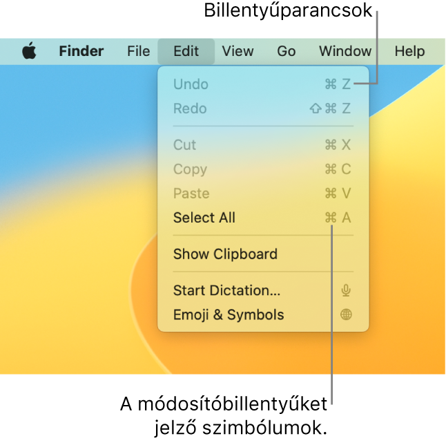 A Szerkesztés menü meg van nyitva a Finderben, és a menüelemek mellett billentyűparancsok láthatók.