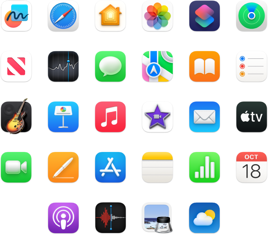 A macOS-szel szállított alkalmazások ikonjai.