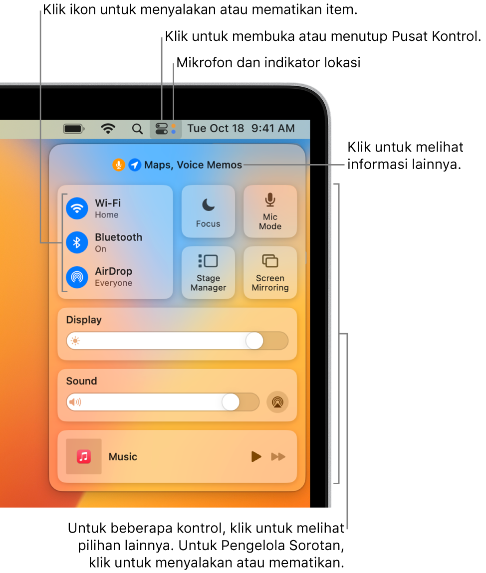 Pusat Kontrol di bagian kanan atas layar, menampilkan kontrol untuk Wi-Fi, Fokus, Bunyi, dan Sedang Diputar, di antaranya.