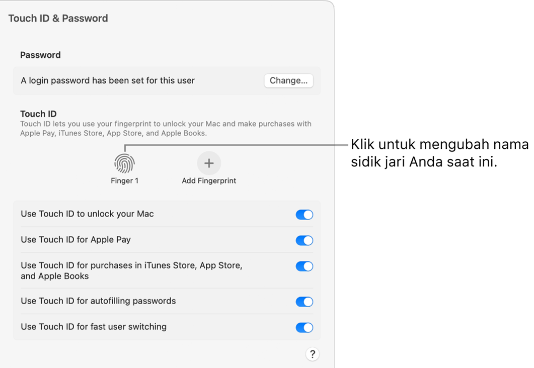 Pengaturan Touch ID & Kata Sandi, menampilkan sidik jari siap dan dapat digunakan untuk membuka Mac.