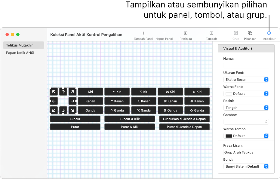 Jendela Koleksi Panel menampilkan tombol Inspektur di ujung kanan bar alat, untuk pilihan pengaturan untuk panel, tombol, dan grup.