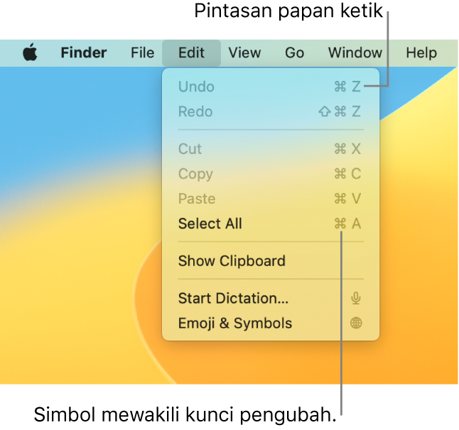 Menu Edit dibuka di Finder; pintasan papan ketik muncul di samping item menu.