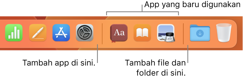 Sebagian Dock menampilkan garis pemisah antara app, app yang baru digunakan, dan file serta folder.