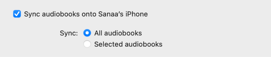 Kotak centang “Selaraskan buku audio ke [perangkat]” dipilih. Di bawahnya, “Semua buku audio” dipilih di sebelah kanan Selaraskan, di atas “Buku audio yang dipilih”
