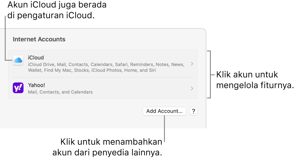 Pengaturan Akun Internet dengan akun yang diatur di Mac tercantum.