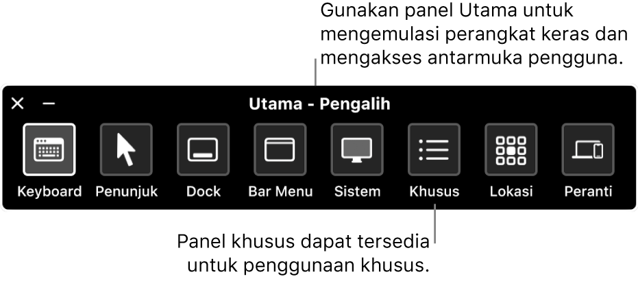 Panel Utama Kontrol Pengalihan, yang menyertakan, dari kiri ke kanan, tombol untuk mengontrol papan ketik, penunjuk, Dock, bar menu, kontrol sistem, panel khusus, lokasi layar, dan perangkat lainnya.