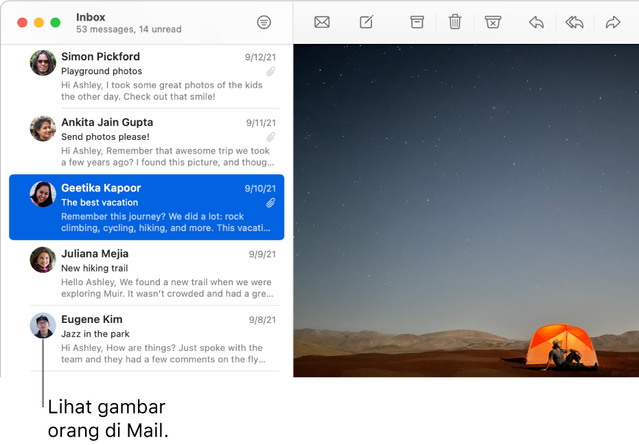 Jendela Mail menampilkan daftar pesan dengan gambar pengirim di samping namanya.