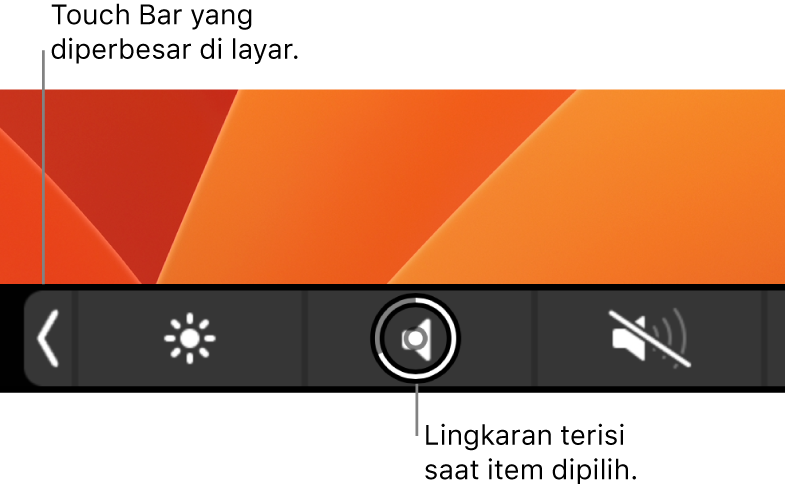Touch Bar yang diperbesar di sepanjang bagian bawah layar; lingkaran di atas tombol akan terisi saat tombol dipilih.