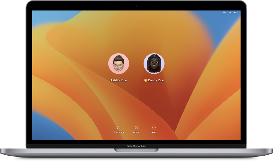 Desktop Mac menampilkan layar masuk yang terkunci dengan dua akun pengguna.