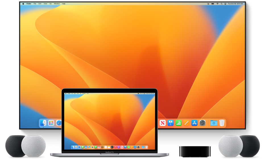 Un computer Mac e i dispositivi a cui può inviare contenuti in streaming utilizzando AirPlay; ad esempio una Apple TV, altoparlanti HomePod mini e un televisore smart.