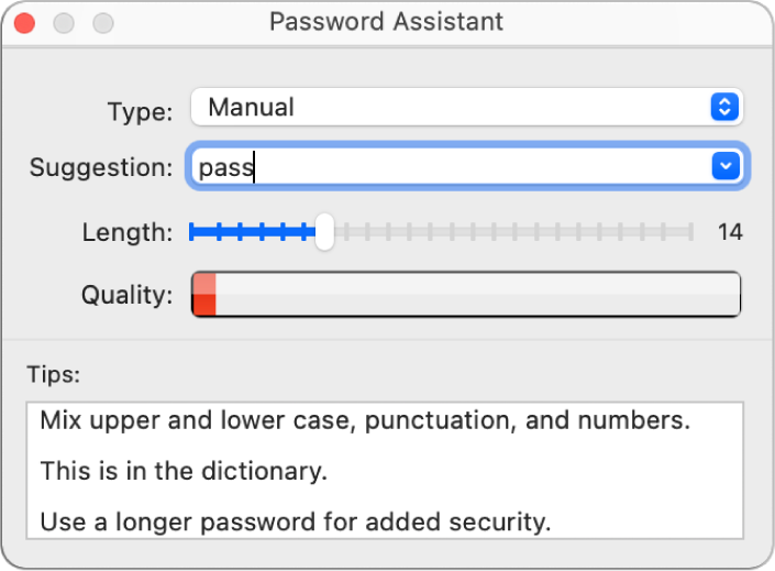 Finestra di Assistente Password che mostra le opzioni per creare una password sicura.