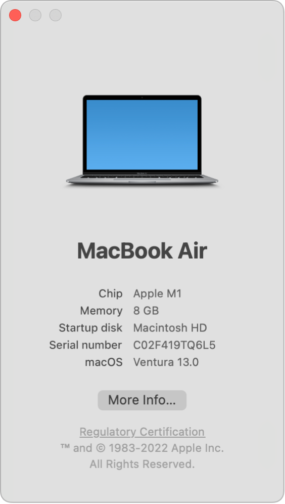 「このMacについて」ウインドウ。Macの機種、ハードウェアチップ、メモリの量、起動ディスク、シリアル番号、およびmacOSのバージョンが表示されています。