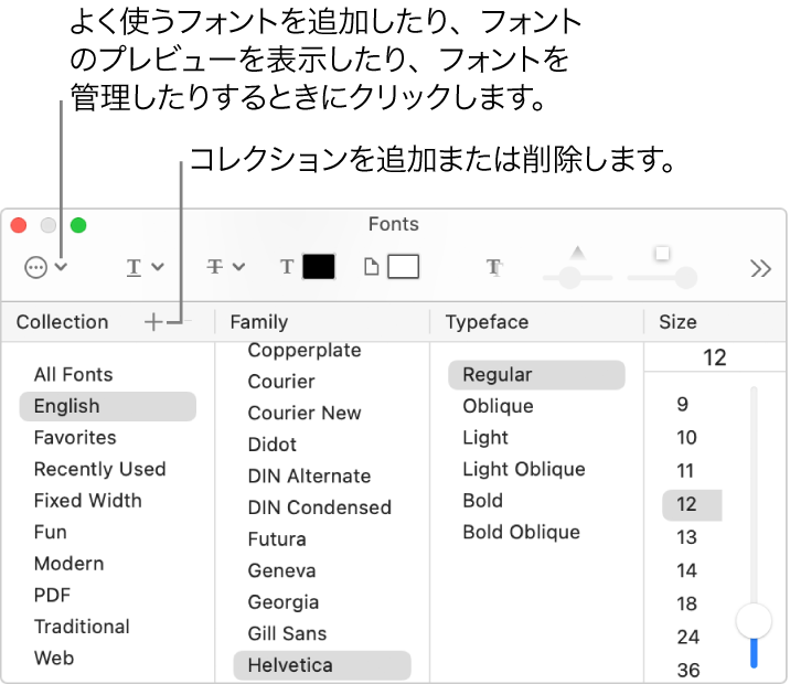 コレクションの追加と削除、フォントの色変更、フォントのプレビューと管理、「よく使う項目」へのフォントの追加などの操作がすばやくできる「フォント」ウインドウ。