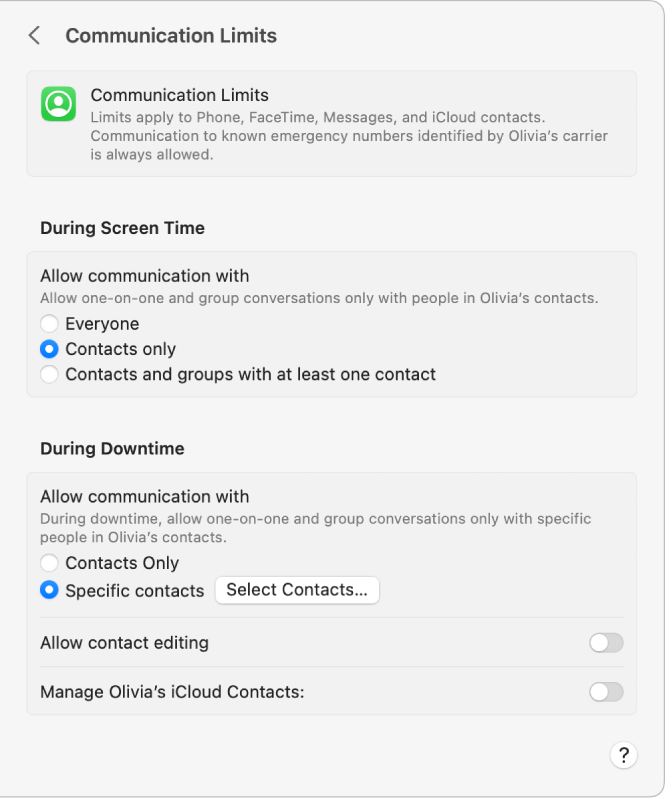 スクリーンタイムの「コミュニケーションの制限」設定。スクリーンタイムおよび休止時間中に通信/通話を許可するオプションが選択されています。