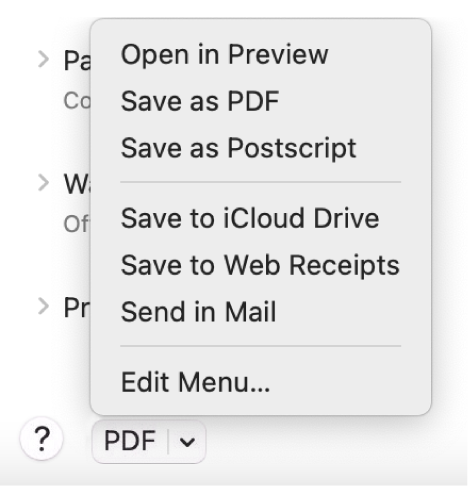 「PDF」ポップアップメニュー。「PDFとして保存」などのPDFコマンドが表示されています。