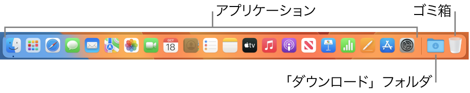 アプリケーションアイコン、ダウンロードスタック、ゴミ箱が表示されたDock。