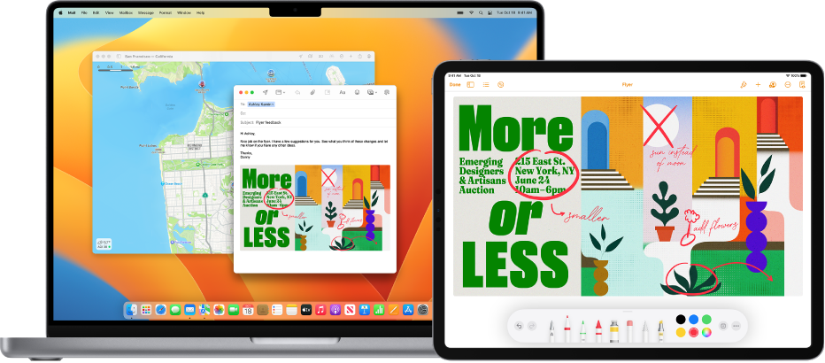 Mail 앱 윈도우가 열려 있고, Mac과 연결된 트랙패드 또는 마우스를 사용하여 iPad에서 드래그한 스케치를 보여주는 MacBook Pro.
