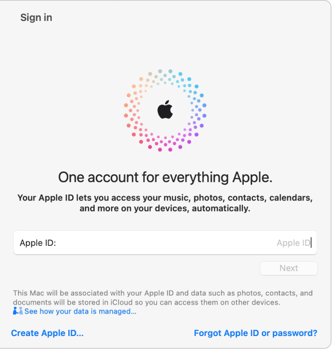 Apple ID를 입력할 수 있는 텍스트 필드가 있는 Apple ID 로그인 윈도우. 새로운 Apple ID를 생성할 수 있는 Apple ID 생성 링크.