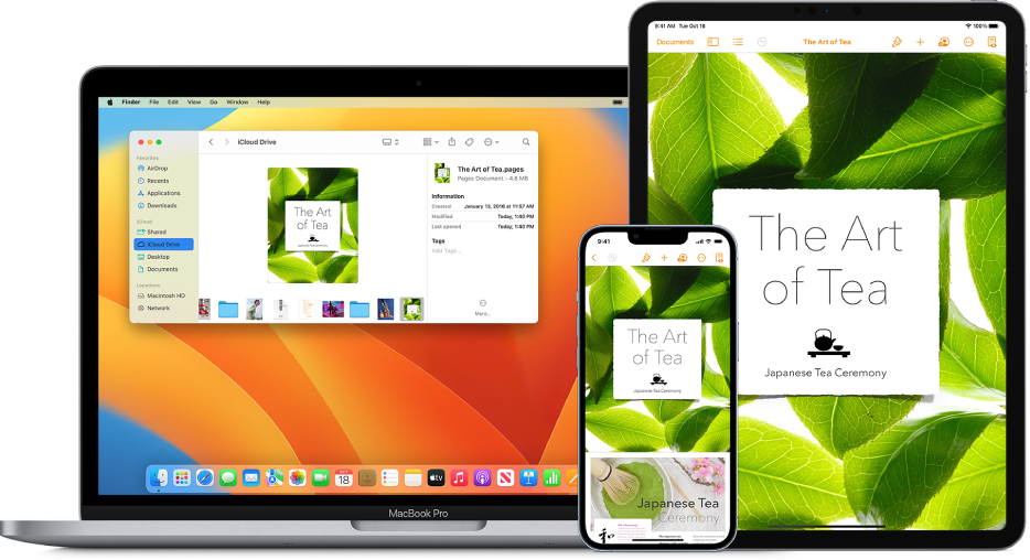 Mac의 Finder 윈도우의 iCloud Drive와, iPhone과 iPad의 Pages 앱에 동일한 Pages 문서가 표시되어 있음.