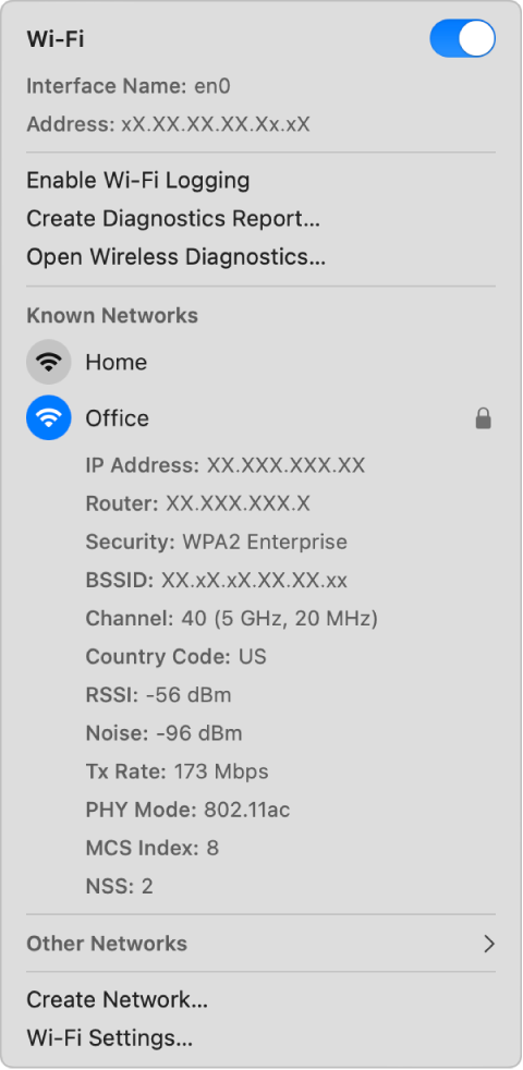 Wi-Fi 연결에 대한 세부사항이 표시된 Wi-Fi 상태 메뉴.