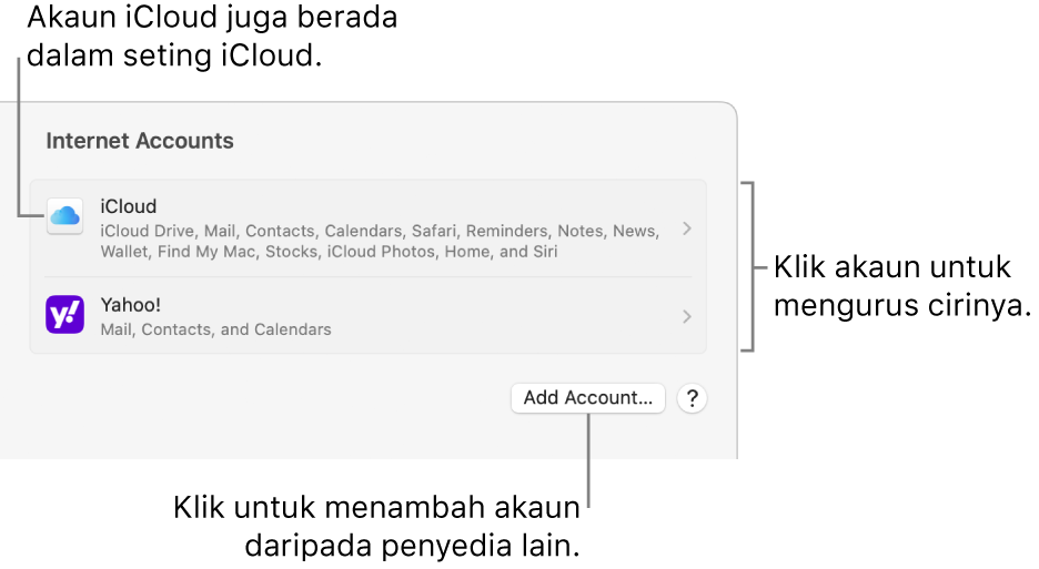 Seting Akaun Internet dengan akaun yang disediakan pada Mac disenaraikan.