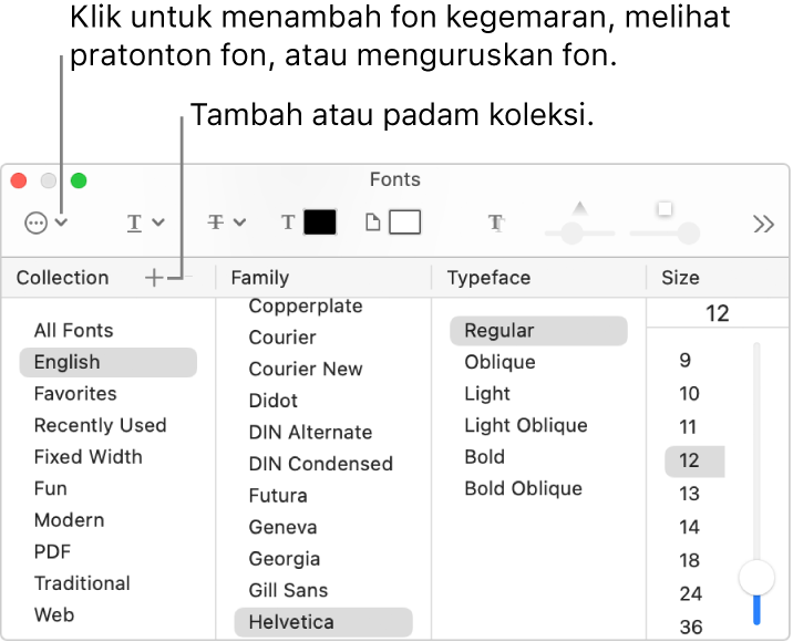 Dengan tetingkap Fon, tambah atau padam koleksi dengan cepat, tukar warna fon, atau lakukan tindakan seperti pratonton atau uruskan fon, atau tambah ke Kegemaran.