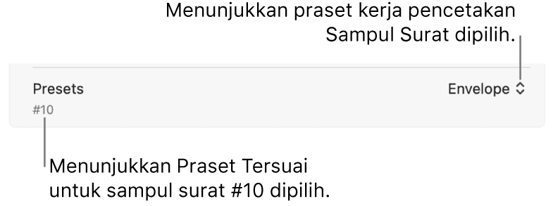 Bahagian Praset daripada dialog Cetak menunjukkan praset kerja pencetakan untuk sampul dan praset tersuai untuk sampul #10 dipilih.