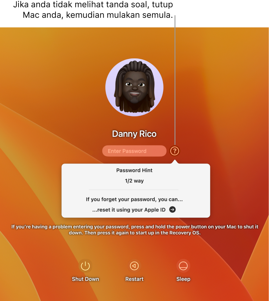 Skrin log masuk Mac, menunjukkan pembayang kata laluan anda dan arahan untuk mereset kata laluan anda.