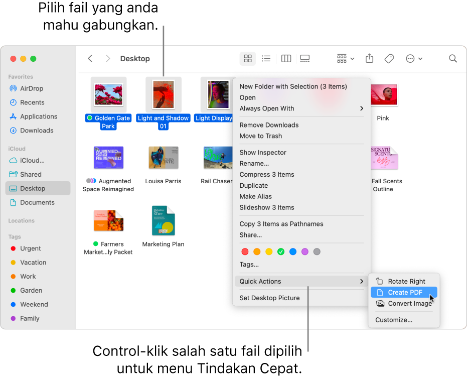 Tetingkap Finder mengandungi fail dan folder, yang tiga fail dipilih dan Cipta PDF diserlahkan dalam menu Tindakan Cepat.