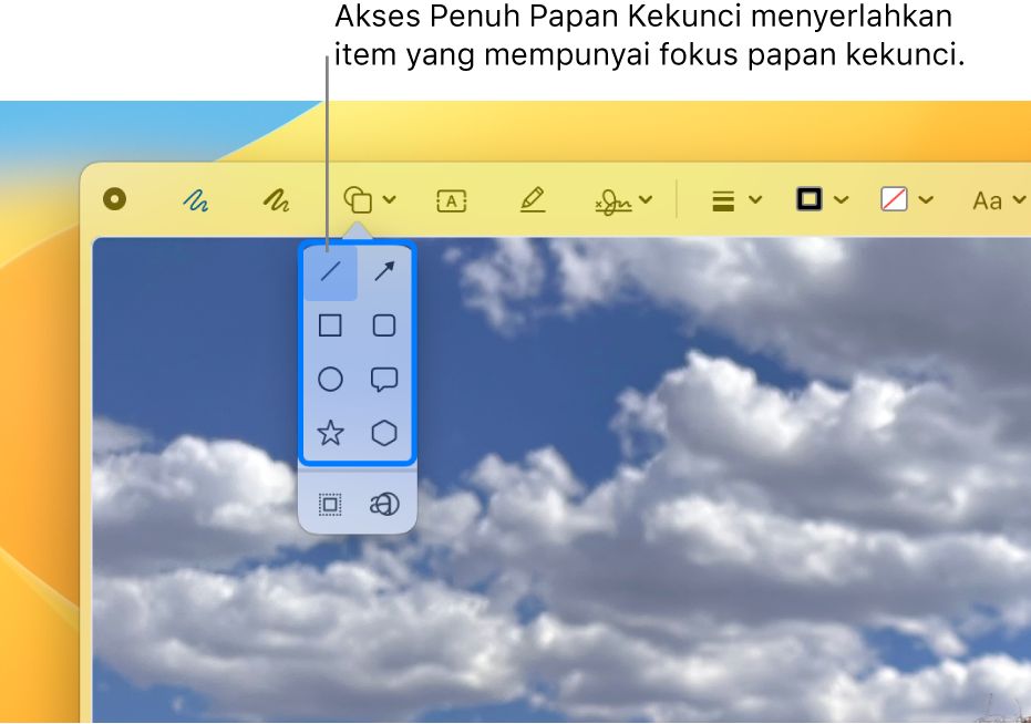 Tetingkap Lihat Cepat dengan bar alat Penanda ditunjukkan. Ikon Bentuk dikembangkan untuk menunjukkan pilihan. Akses Papan Kekunci Penuh telah menggariskan alat yang mempunyai fokus dan kumpulan yang mengandunginya.