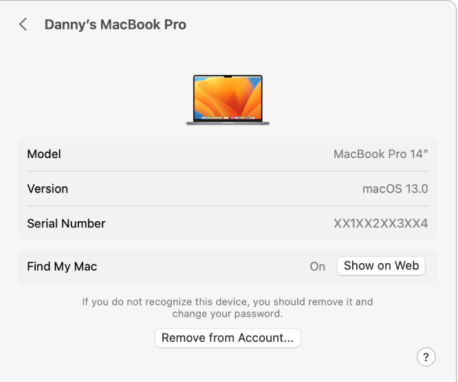 Seting Apple ID menunjukkan butiran peranti yang dipercayai untuk akaun sedia ada.