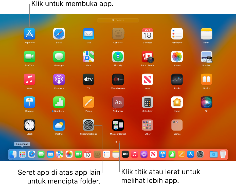 Launchpad menunjukkan app yang anda boleh buka.