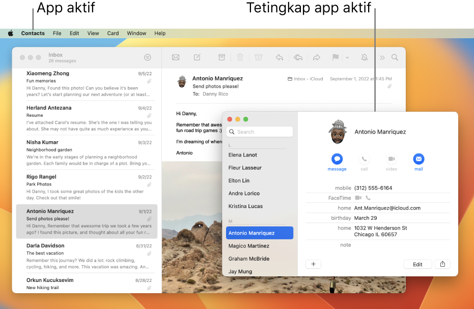 Contoh desktop dengan berbilang tetingkap terbuka namun hanya satu app aktif.