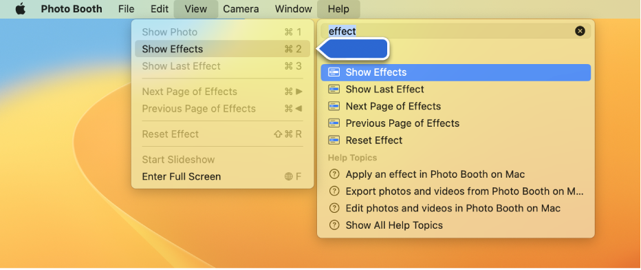 Het Help-menu van Photo Booth waarin een zoekresultaat voor een menuoptie is geselecteerd en een pijl die naar de optie in het appmenu wijst.
