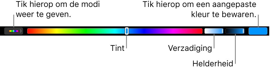 De Touch Bar met schuifknoppen voor kleurtint, kleurverzadiging en helderheid voor de HSB-modus. Uiterst links zie je de knop om alle modi weer te geven; aan de rechterkant staat de knop om een aangepaste kleur te bewaren.
