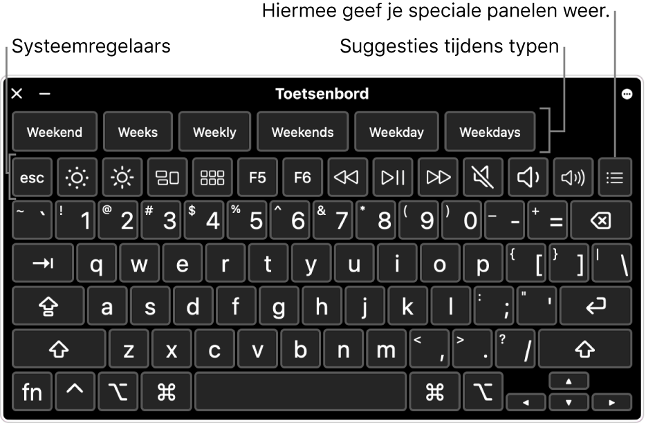 Het toegankelijkheidstoetsenbord met typesuggesties bovenaan. Onderaan staat een rij knoppen voor systeemregelaars waarmee je bijvoorbeeld de helderheid van het scherm kunt aanpassen en aangepaste panelen kunt weergeven.