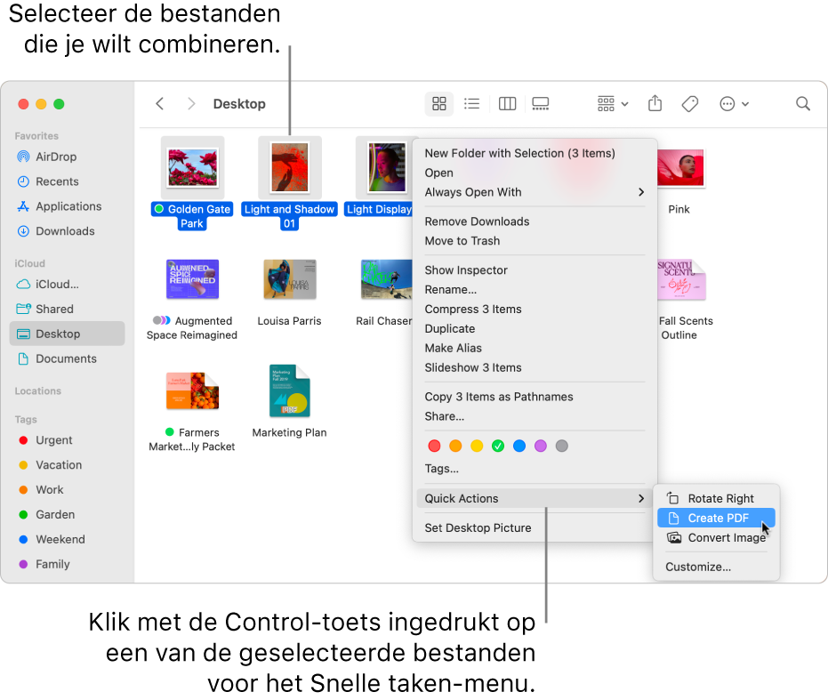 Een Finder-venster met bestanden en mappen; drie bestanden zijn geselecteerd en 'Maak pdf aan' is in het Snelle taken-menu gemarkeerd.