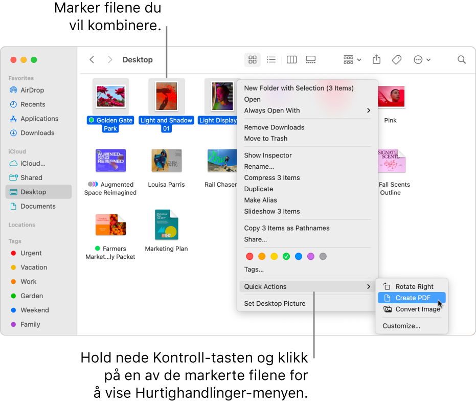 Et Finder-vindu med filer og mapper, hvor tre filer er markert og Opprett PDF er markert i Hurtighandlinger-menyen.