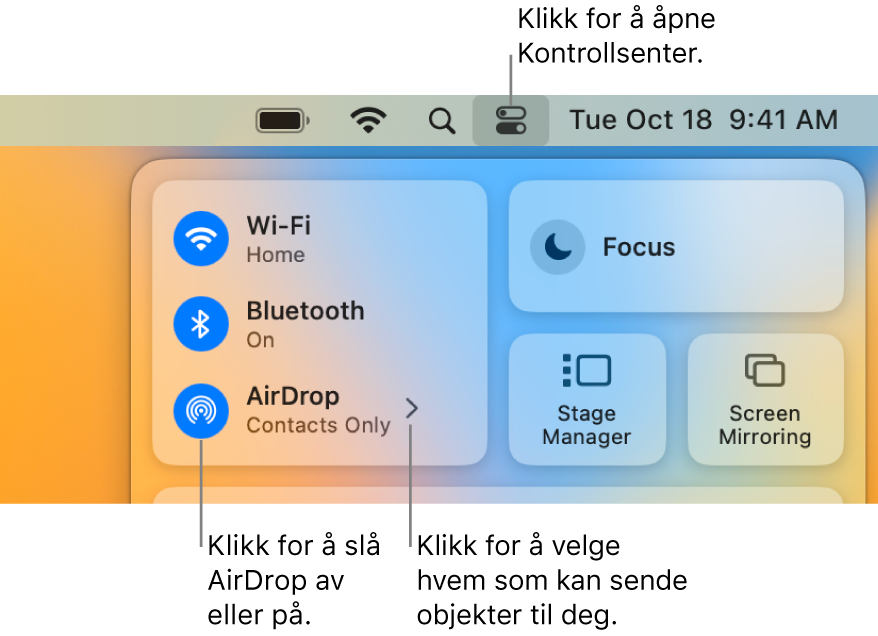 Et Kontrollsenter-vindu viser kontrollene for å slå AirDrop på eller av og velge hvem som kan sende objekter til deg.