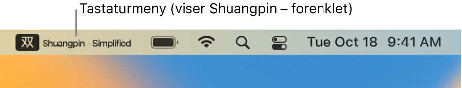 Høyre side av menylinjen. Inndata-menyen viser Shuangpin – forenklet som inndatakilde.
