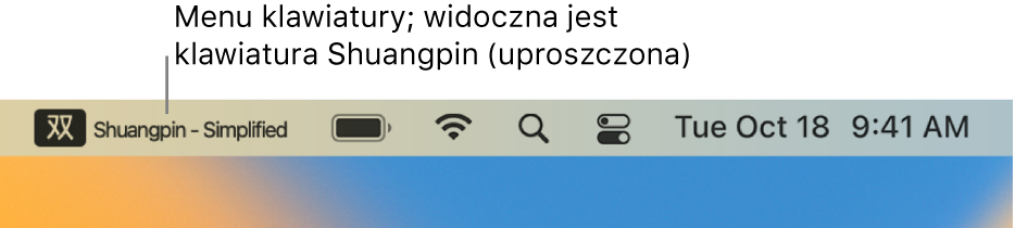 Prawa strona paska menu. W menu klawiatury widoczne jest źródło wprowadzania Shuangpin (uproszczony).