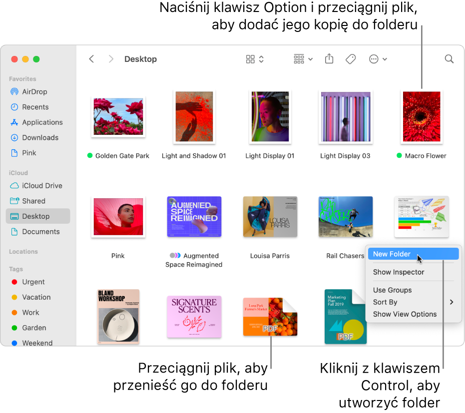 Okno Findera zawierające pliki i foldery. W menu podręcznym wyróżnione jest polecenie Nowy folder.