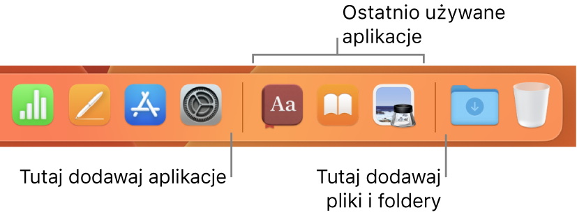 Prawy koniec Docka z pokazanymi liniami oddzielającymi przed oraz za sekcją z ostatnio używanymi aplikacjami.