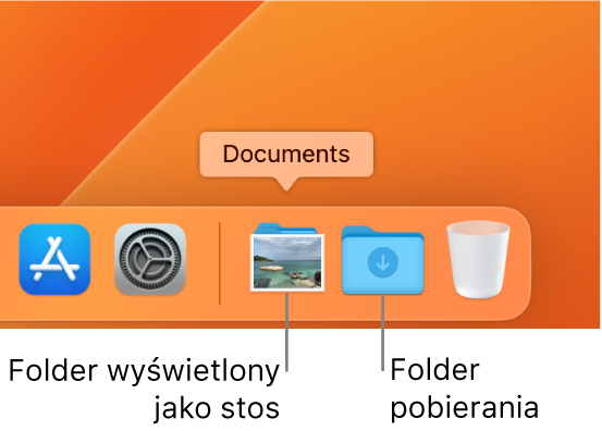 Prawy koniec Docka z folderem wyświetlanym jako stos oraz folderem Pobrane rzeczy wyświetlanym jako folder.