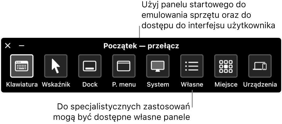 Panel Początek - przełącz. Zawiera następujące przyciski sterujące, od lewej do prawej: Klawiatura, Wskaźnik, Dock, Pasek menu, System, Własne, Miejsce oraz Urządzenia.