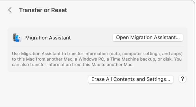 Ustawienia przenoszenia lub zerowania zawierające przycisk Otwórz asystenta migracji oraz przycisk Wymaż zawartość i ustawienia.