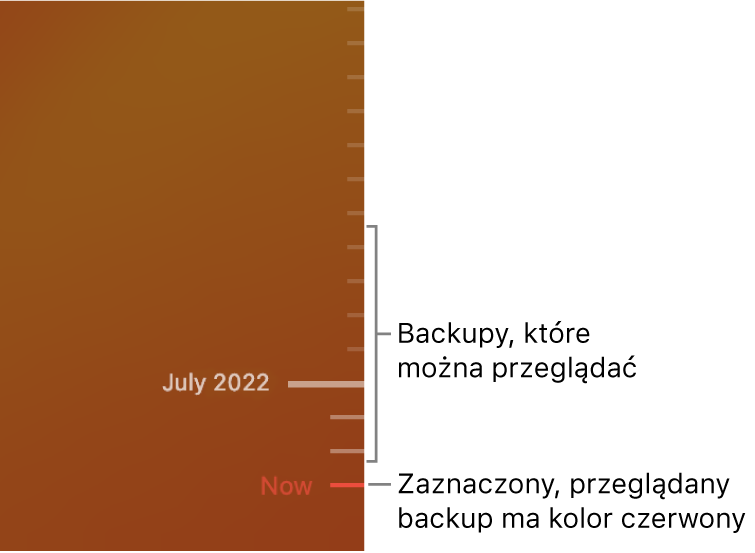 Znaczniki na linii czasowej backupów. Czerwony znacznik wskazuje aktualnie przeglądany backup.